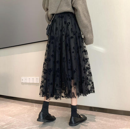 Nouvelle jupe, jupe en gaze de maille brodée de fleurs floquées 3697