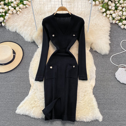 Gold button elastic tight medium length split bottomed buttock knit dress  3751