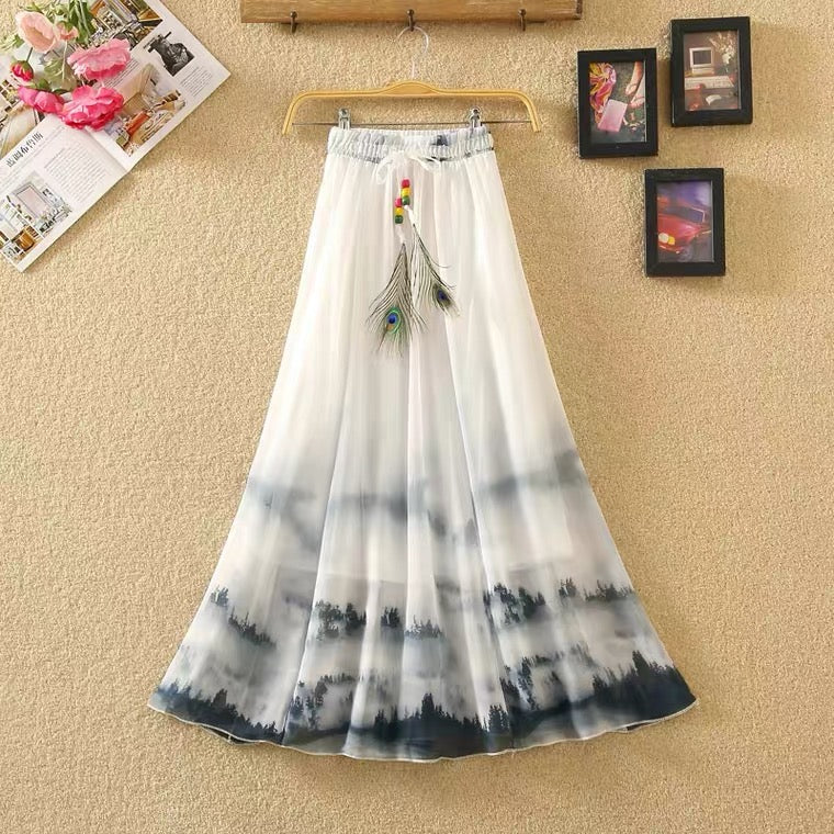 Summer, Bohemian midi skirts, chiffon skirts, vintage printed, elastic-waisted dresses  3636