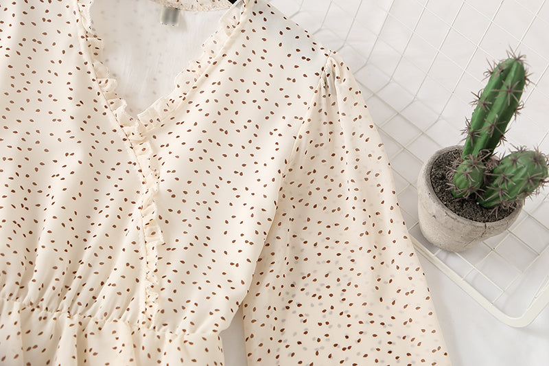 V-neck wave point Chiffon Dress  3730