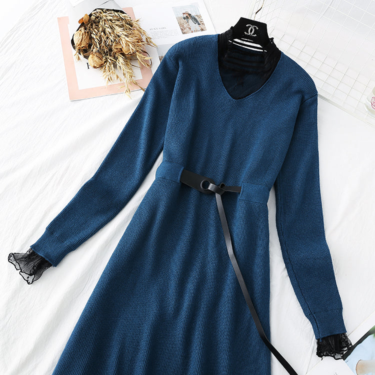 Sweater lace backing temperament fake two skirts  3796