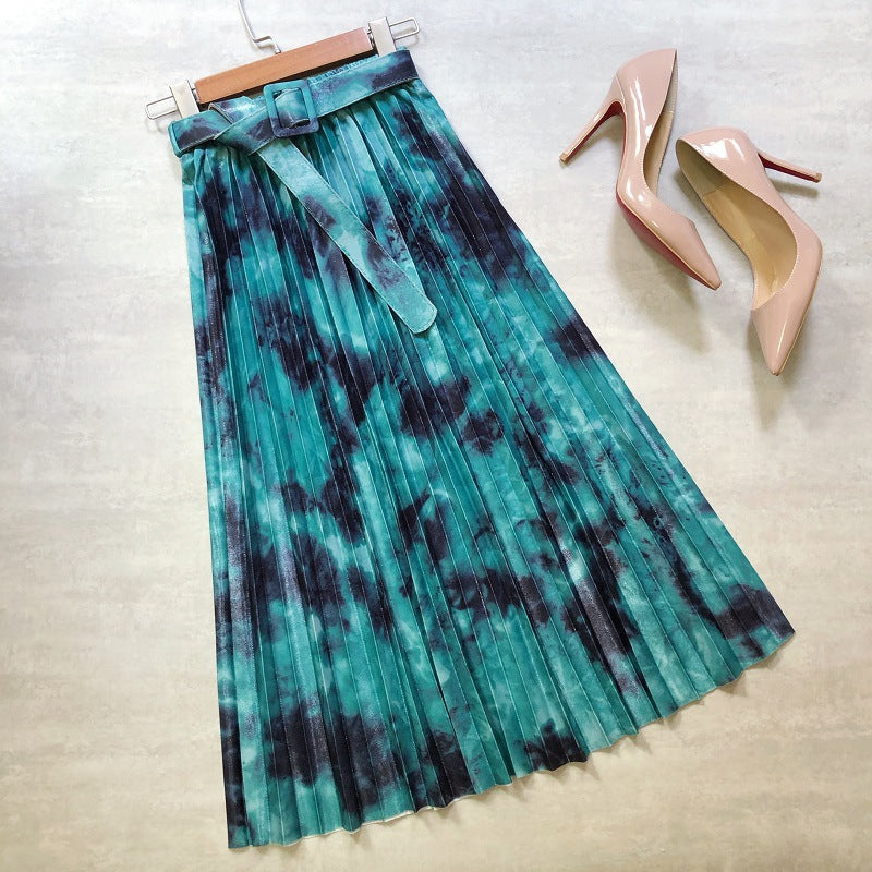 Hot skirt, tie-dyed splashed ink, printed belt, long pleated skirt in the stars  3691