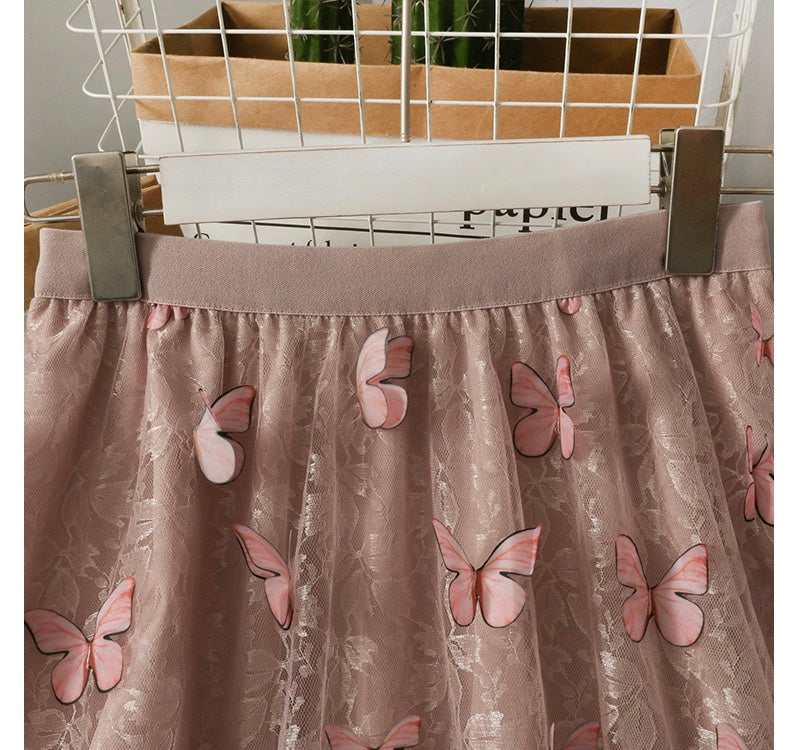 Super fairy sweet, butterfly long gauze skirt, new high waist skirt  3673