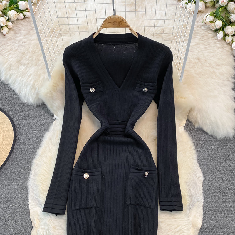 Gold button elastic tight medium length split bottomed buttock knit dress  3751