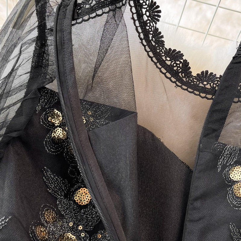 Heavy industry embroidery round neck mesh A-line dress  3747