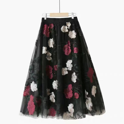 Embroidered large flowers, stylish, sweet mesh midi fairy skirt  3632