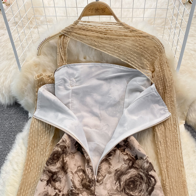 French fairy skirt super fairy rose printing gentle wind split skirt  3745