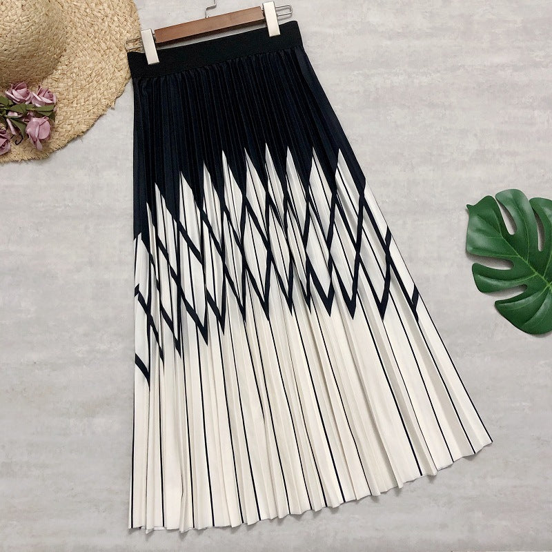 Spring/summer skirt, rhomboid print pleated skirt, high waist, striped patchwork  3675
