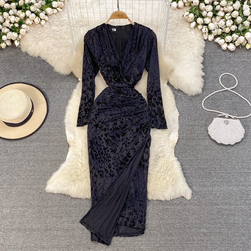 Slim, thin, split temperament, bronzed print V-neck dress  3767