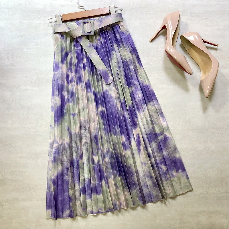 Jupe chaude, encre éclaboussée tie-dye, ceinture imprimée, jupe longue plissée dans les étoiles 3691