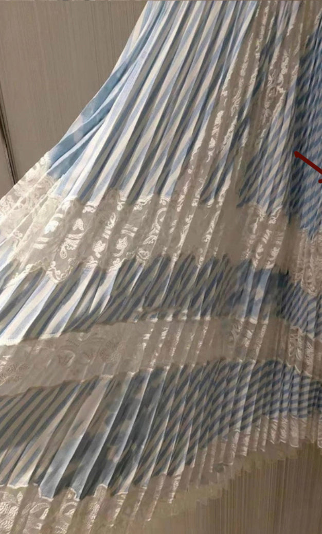 Spring and summer, new style, high waist color patchwork stripes pleated skirt, lace embroidery patchwork long skirt  3640