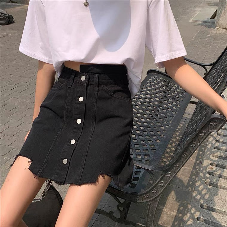 Irregular black skirt, summer, new style, high-waisted A-line skirt  3656