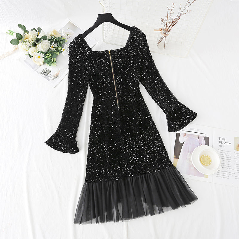 Square neck mesh fairy fishtail Sequin bottomed skirt  4432