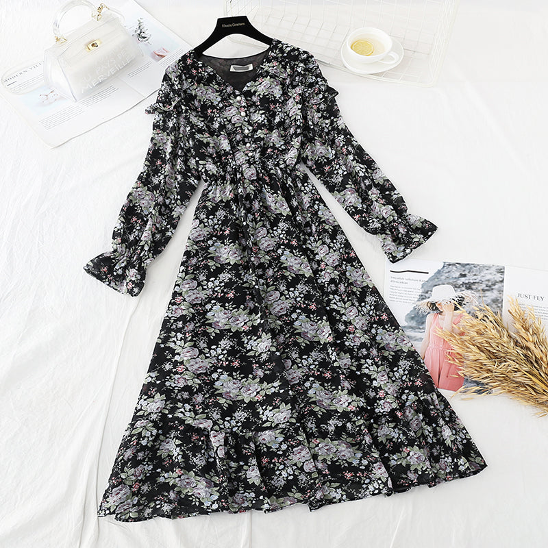 Robe rétro française à manches longues en mousseline de soie 3833