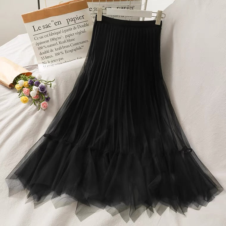 Vintage, glossy, high-waisted, mid-length skirt, spring/summer, A-line pleated skirt  3672