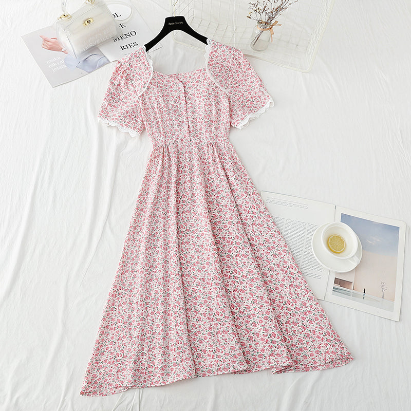 Square collar lace edge sweet floral skirt tea break temperament small skirt  4888