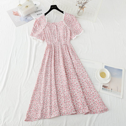 Square collar lace edge sweet floral skirt tea break temperament small skirt  4888