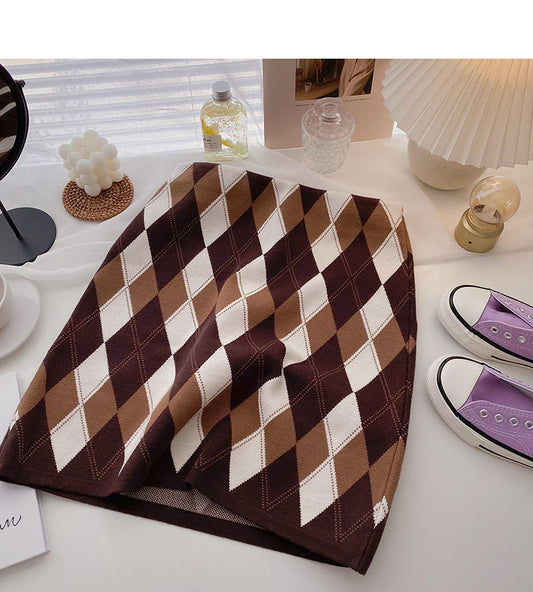 High waist Hong Kong style retro rhomboid contrast color wrap hip thin skirt  5283