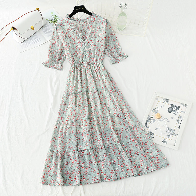 New sweet Floral Chiffon French V-neck slim fairy skirt  4872