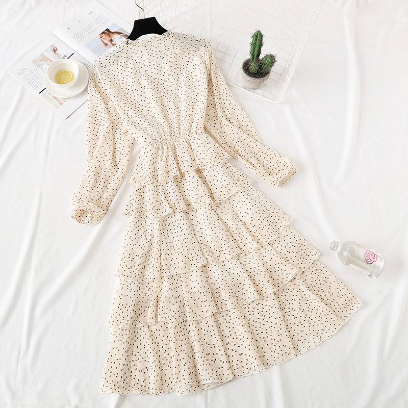 V-neck wave point Chiffon Dress  3730