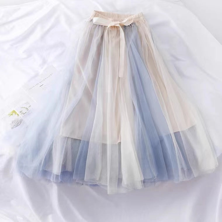 Jupe bouffante taille haute en maille fine, nœud papillon, super fée, jupe mi-longue assortie aux couleurs 3601