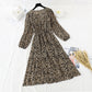 Long sleeved Chiffon Dress leopard print floral retro French bottomed skirt  4697