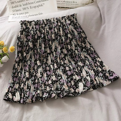 Vintage, elasticated waist, print pleated skirt, floral short skirt  3594