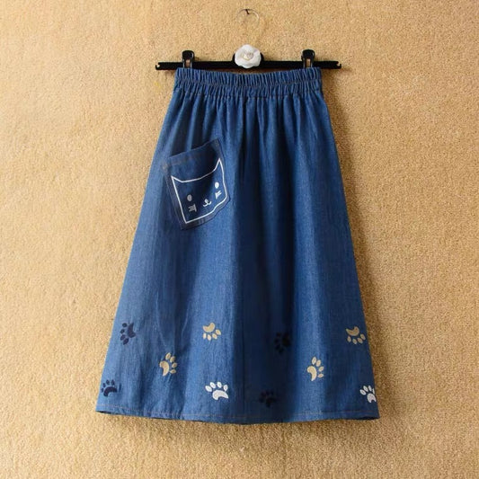 Printemps et été, nouvelle jupe en jean, broderie de chat mignon, jupe mi-longue taille haute, jupe trapèze 3611