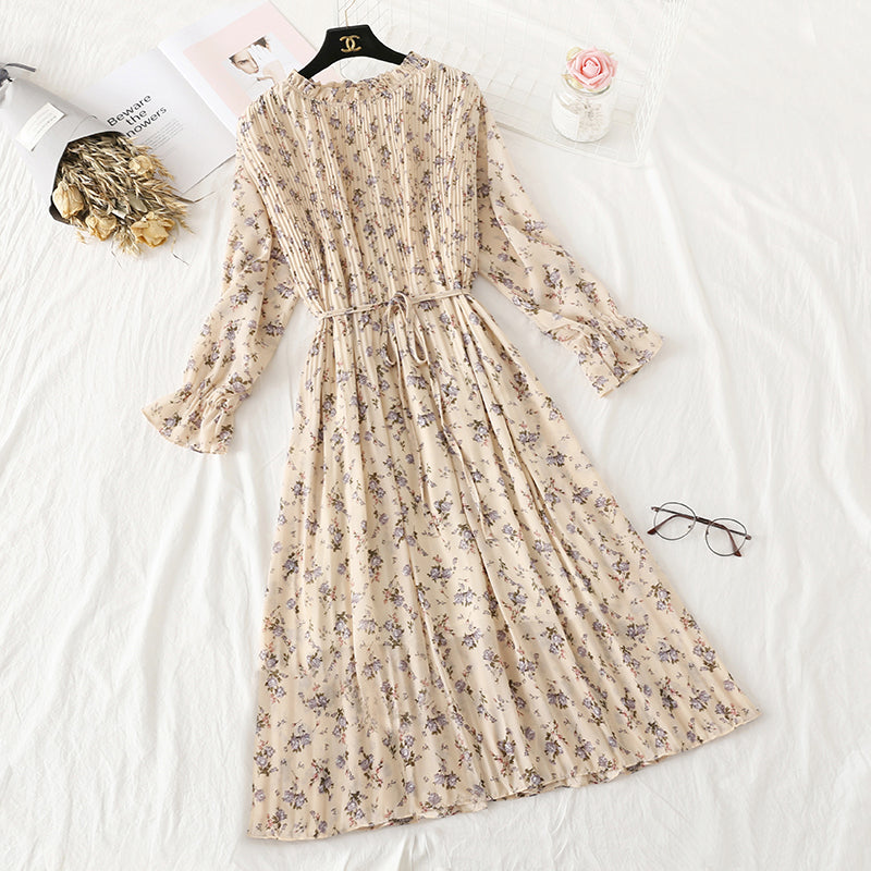 Sanfter Wind Französisches Retro-Chiffonkleid mit Wellenspitze Damen 3986