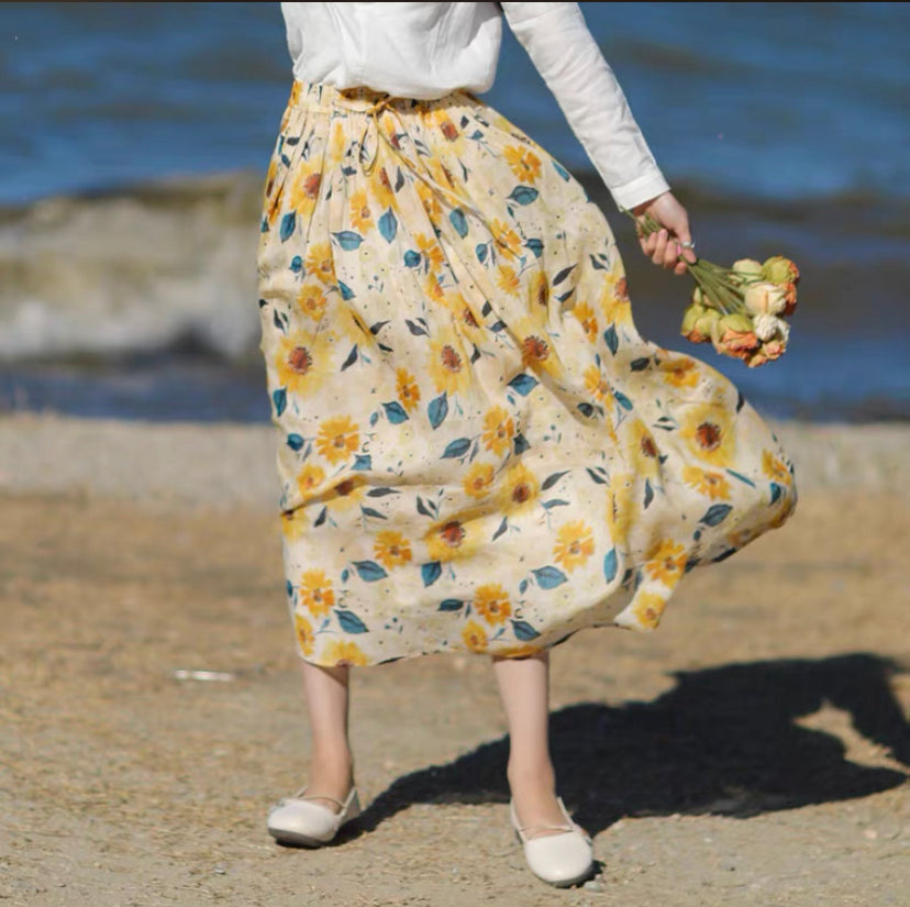 Summer, high grade dyeing, sunflower worsted, natural ramie, A-line long skirt  3569