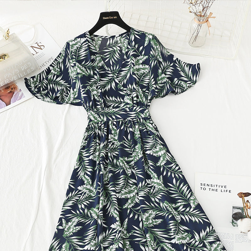 New tea break French chiffon long skirt V-neck waist slim A-line skirt  4889