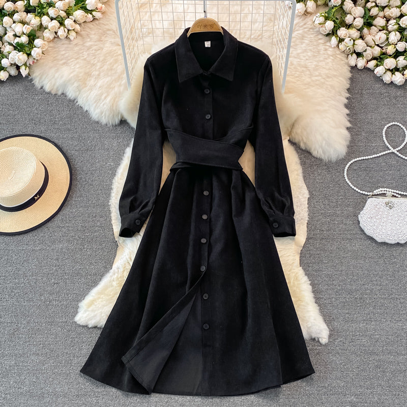 Corduroy bandage single breasted shirt skirt  3762