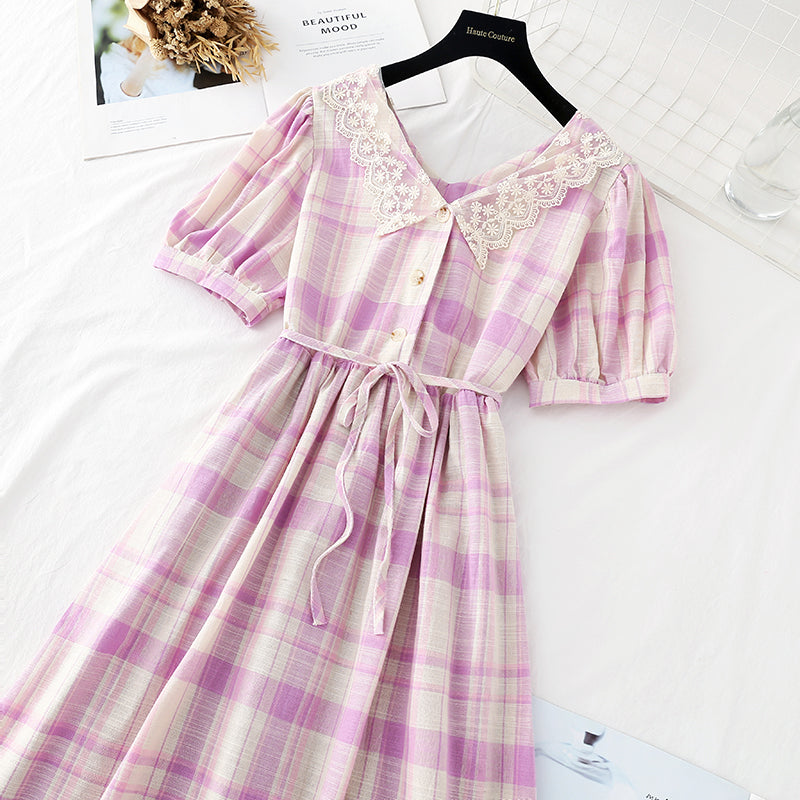 New lace doll collar sweet Plaid Cotton Linen Skirt fairy super fairy series  4598