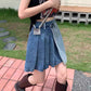 Spice Girl denim skirt, American vintage pleated skirt, patchwork high-waisted A-line shorts  3554