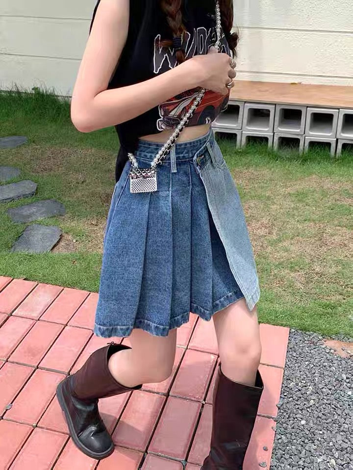 Spice Girl denim skirt, American vintage pleated skirt, patchwork high-waisted A-line shorts  3554