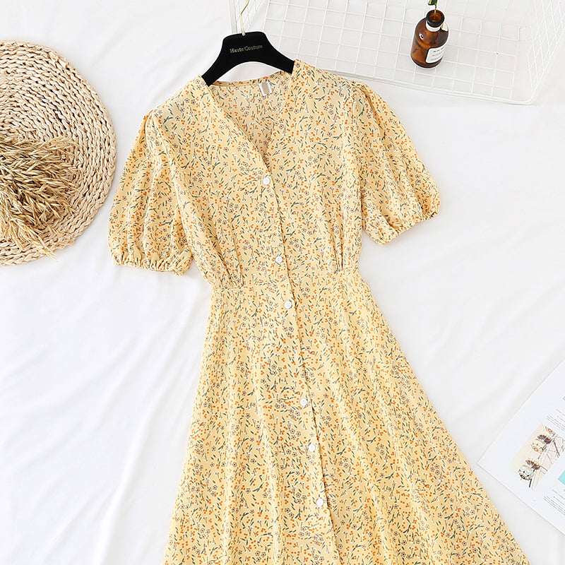 Small fresh floral dress with single waist and thin buttons 4664