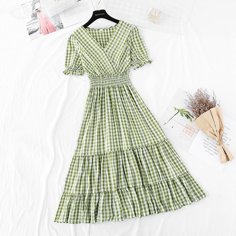 Ruffle Sleeve Plaid temperament dress goddess style thin dress  4206