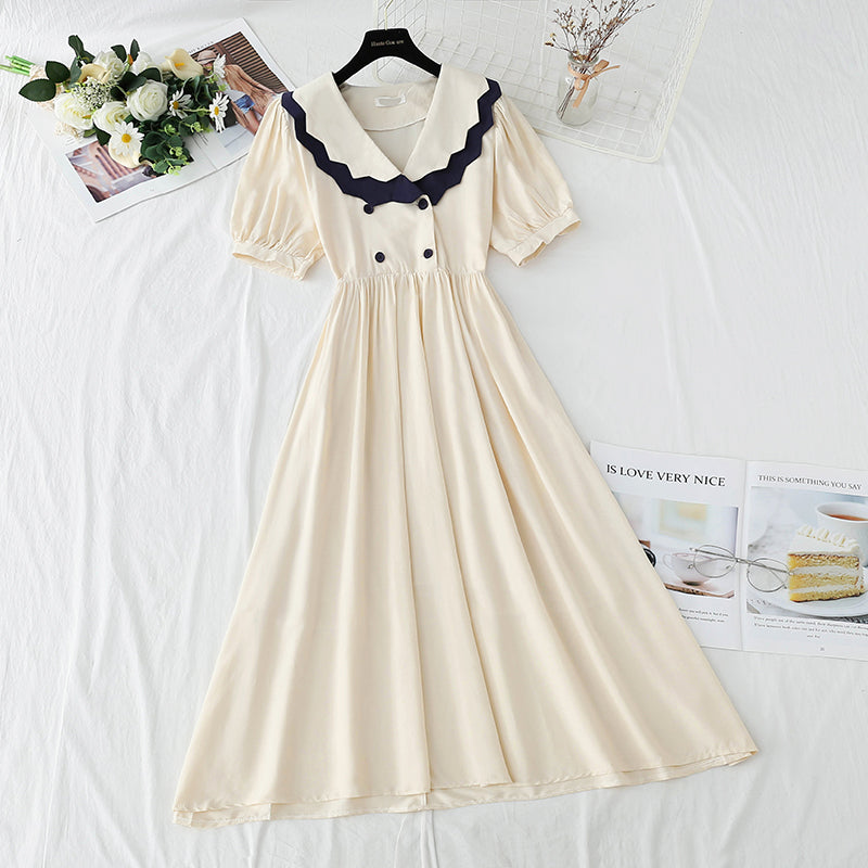 French retro doll collar bubble sleeve waist closing tea break skirt  4268