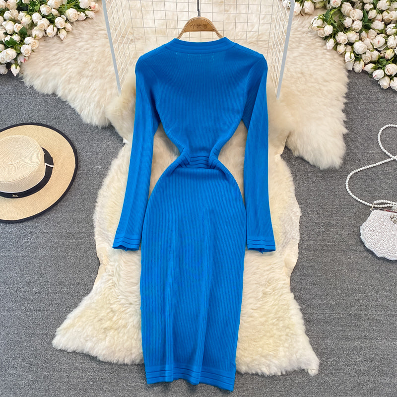 Gold button elastic tight medium length split bottomed buttock knit dress  3751