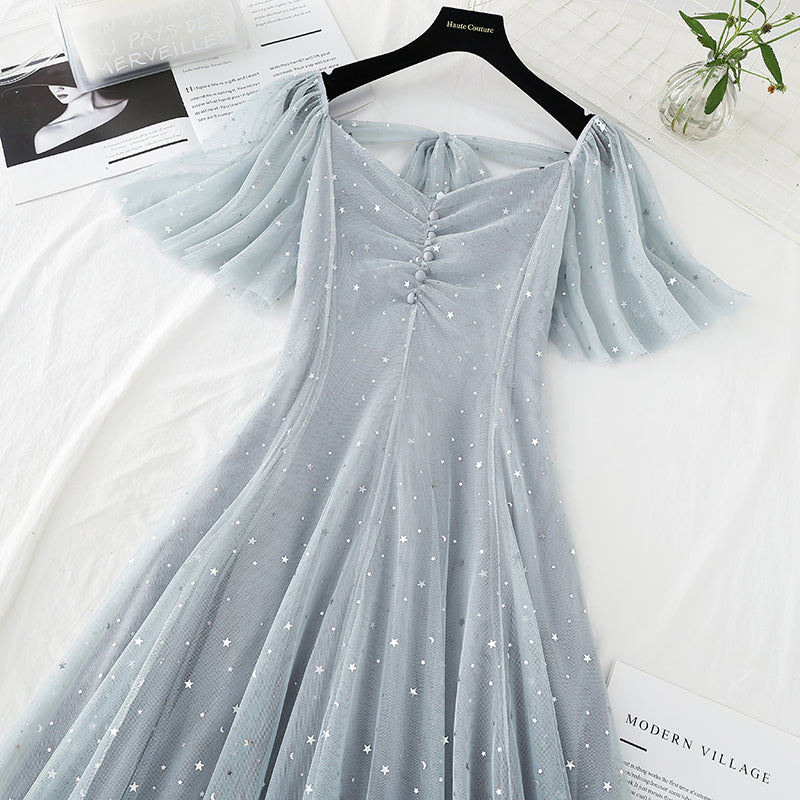 Star Sequin gauze waist closing thin French dress  4398