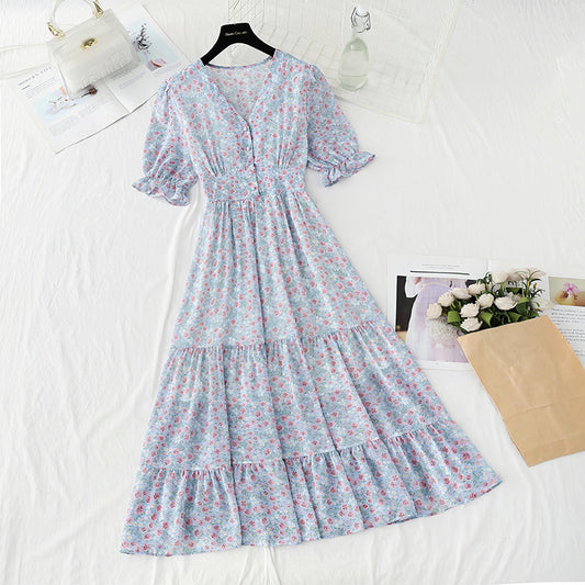 New French sweet temperament skirt V-neck slim skirt  4871