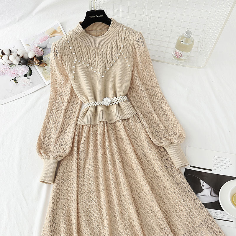 New super fairy lace stitched knitted dress  4435