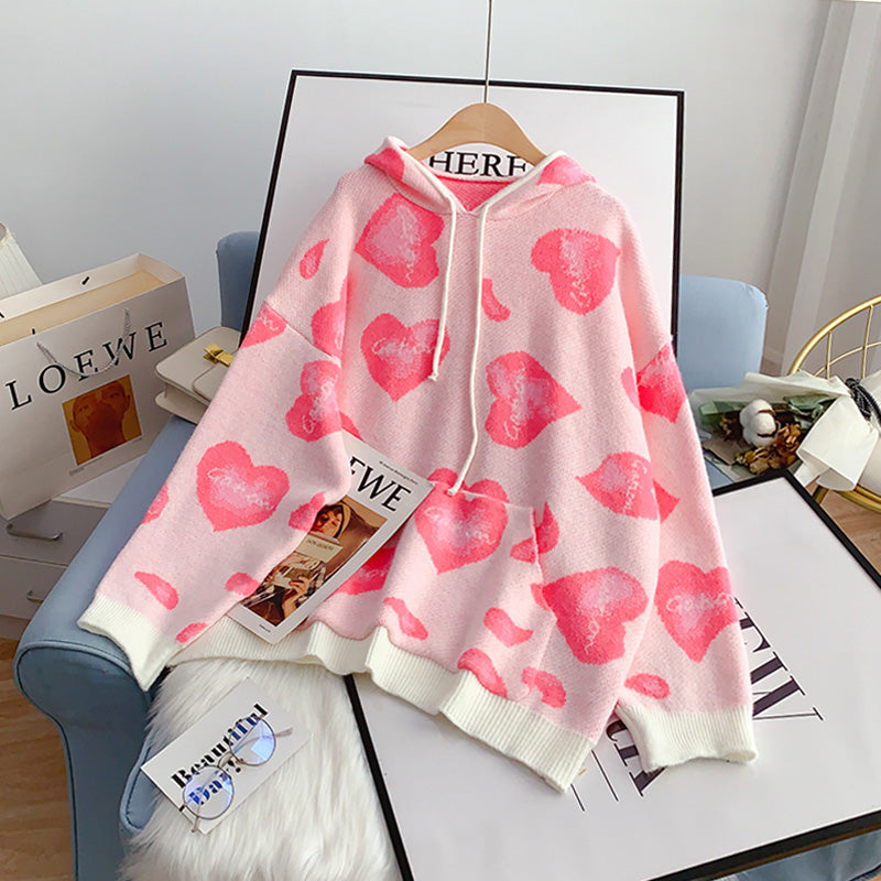 Net red love sweater sweater women's loose hooded Pullover  5114