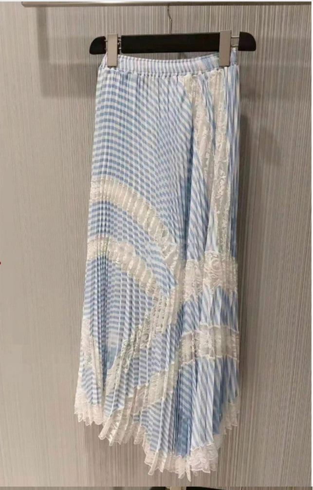 Spring and summer, new style, high waist color patchwork stripes pleated skirt, lace embroidery patchwork long skirt  3640