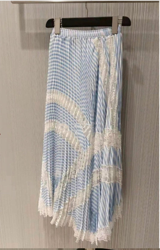 Spring and summer, new style, high waist color patchwork stripes pleated skirt, lace embroidery patchwork long skirt  3640