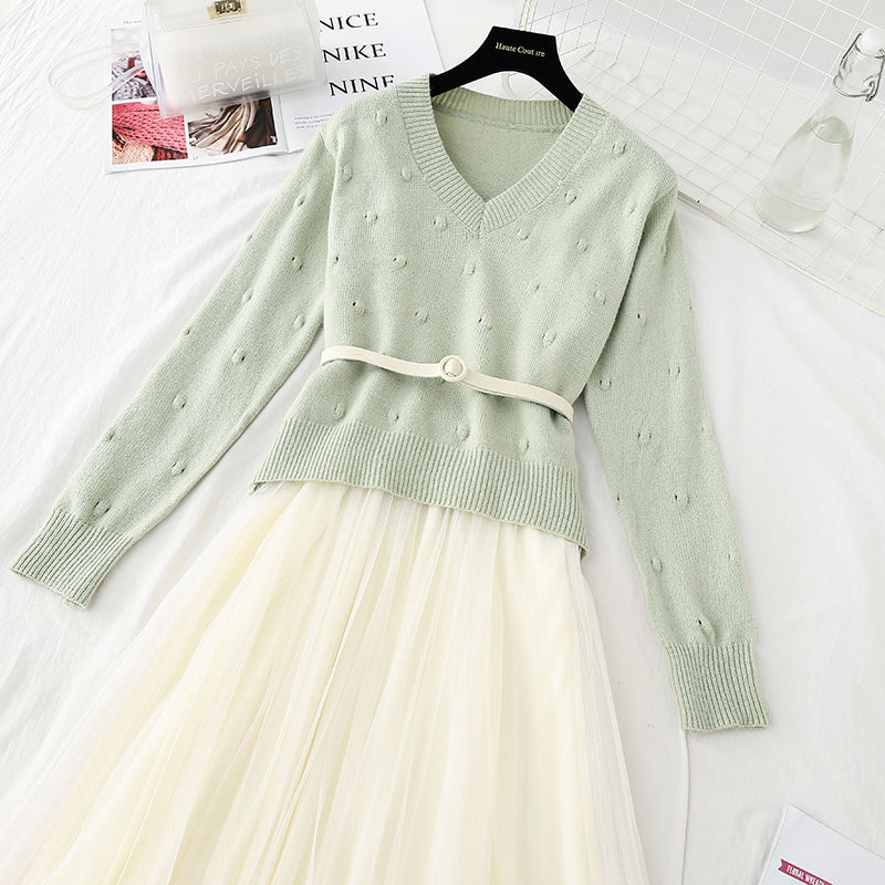 New gentle sweater with mesh suspender skirt two-piece set  4403