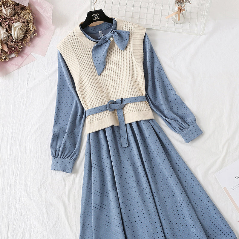 Net red Knitted Vest + Polka Dot bottomed skirt two-piece suit  4733