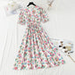 French gentle wind bubble sleeve skirt with thin waist and floral long skirt  4238