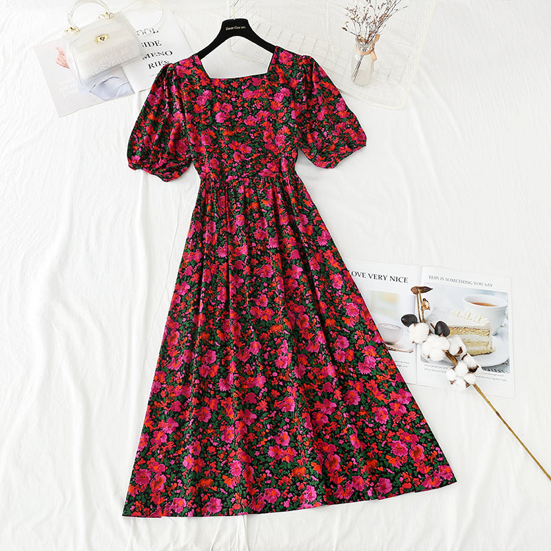 New French style square neck bubble sleeve waist closing slim skirt  4244