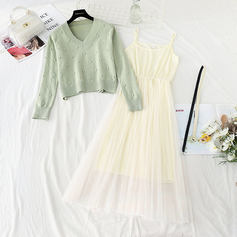 New gentle sweater with mesh suspender skirt two-piece set  4552